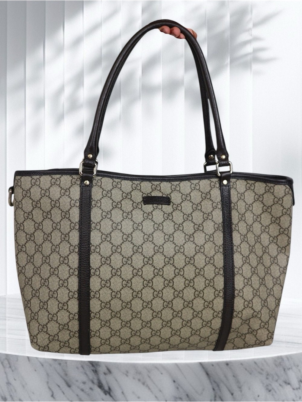 Gucci Beige GG Supreme Canvas Tote with Dark Brown Trim